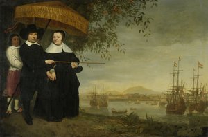 Un comerciante senior de la Compañía Holandesa de las Indias Orientales Jacob Mathieusen y su esposa en Batavia donde los barcos de la Compañía Holandesa de las Indias Orientales se preparan para zarpar a casa c.1640-60